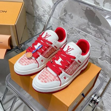 LV Trainer Sneakers - White & Red Leather with Brick Pattern Embroidery
